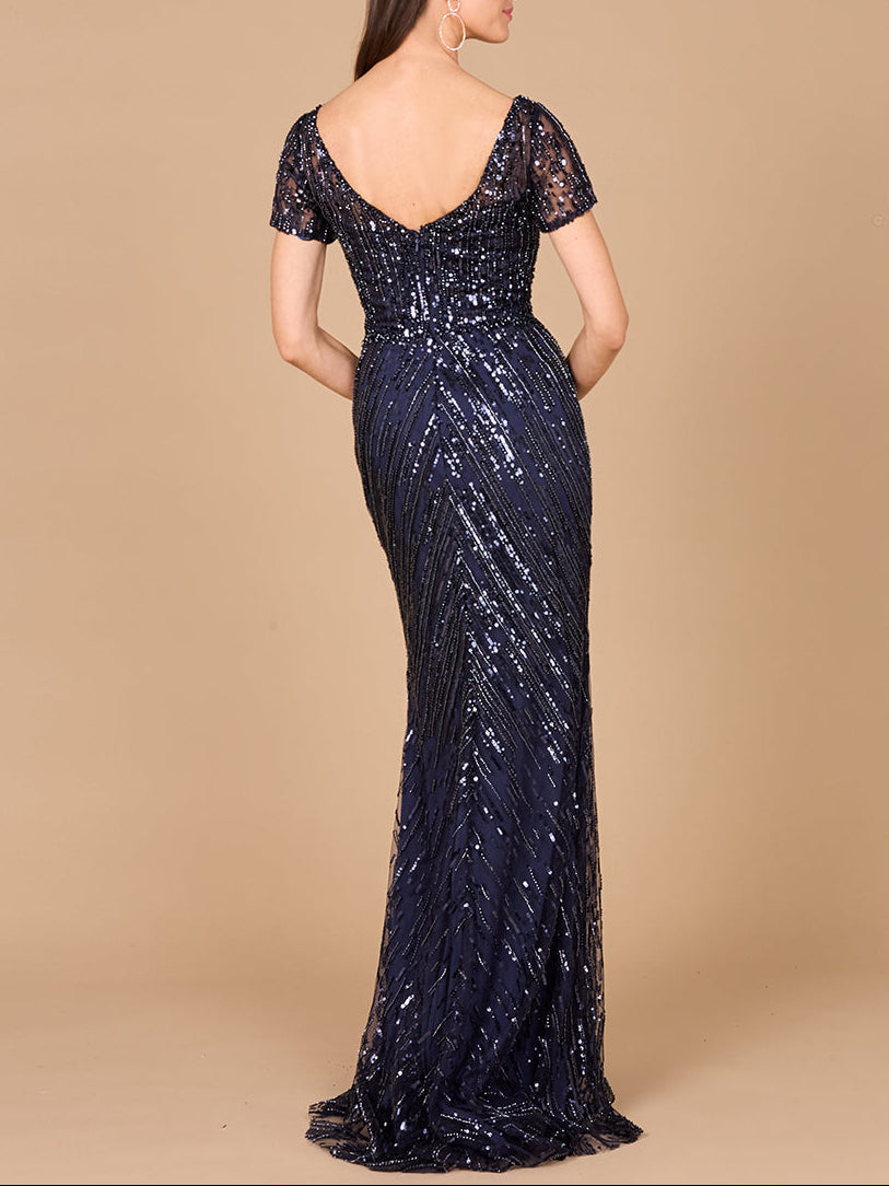 Short Sleeve, Beaded Mermaid Gown - JUSTLUXURY