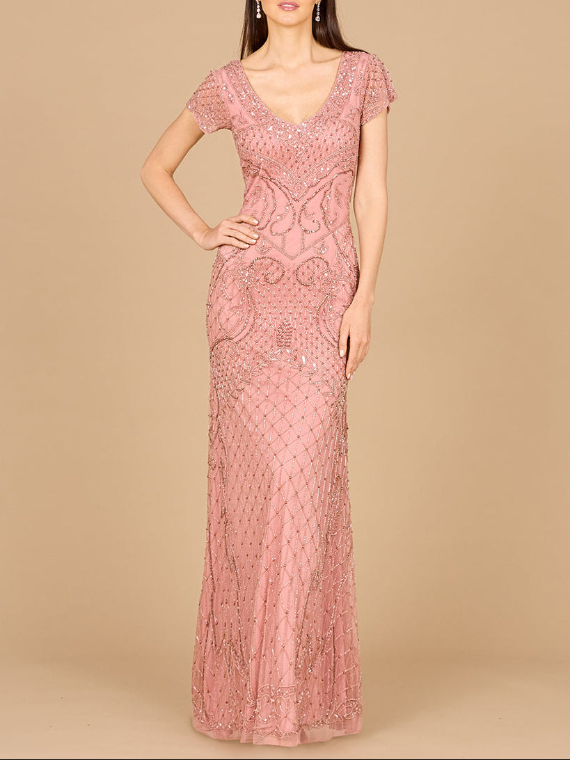 Beaded Cap Sleeve Gown With V-Neckline - OUTLET - JUSTLUXURY