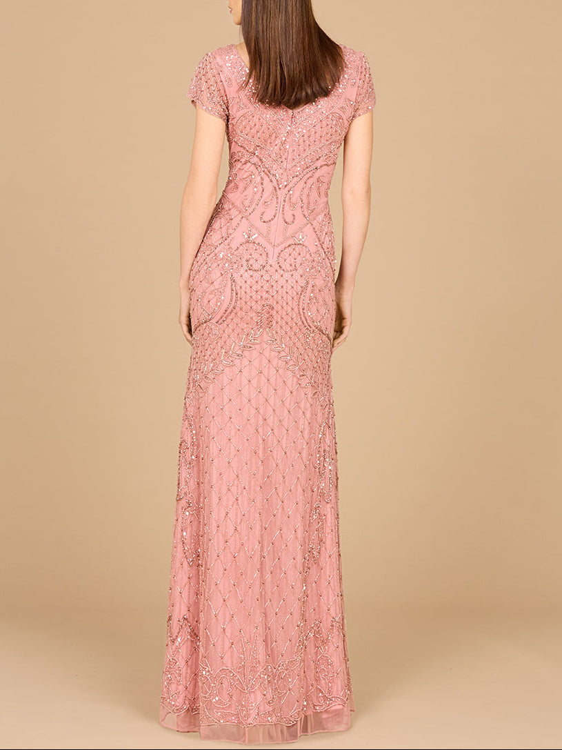 Beaded Cap Sleeve Gown With V-Neckline - OUTLET - JUSTLUXURY