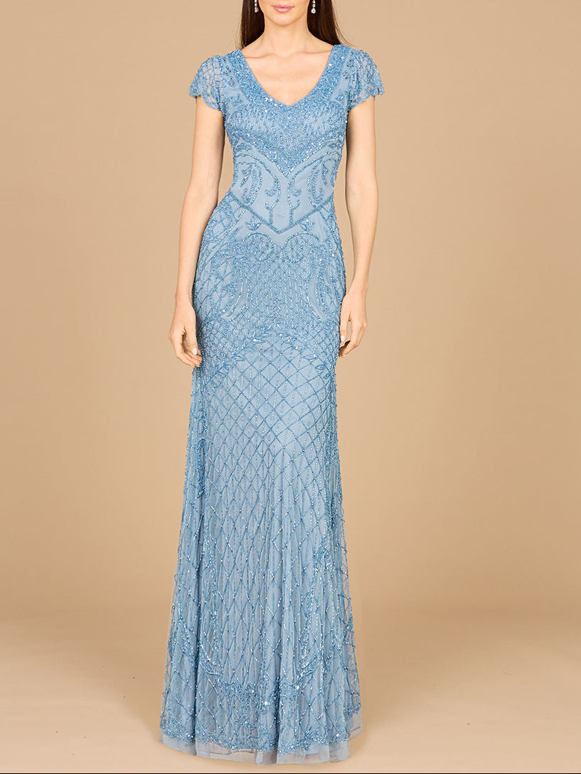 Beaded Cap Sleeve Gown With V-Neckline - OUTLET - JUSTLUXURY