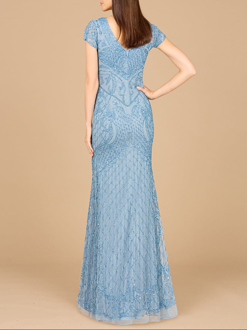 Beaded Cap Sleeve Gown With V-Neckline - OUTLET - JUSTLUXURY