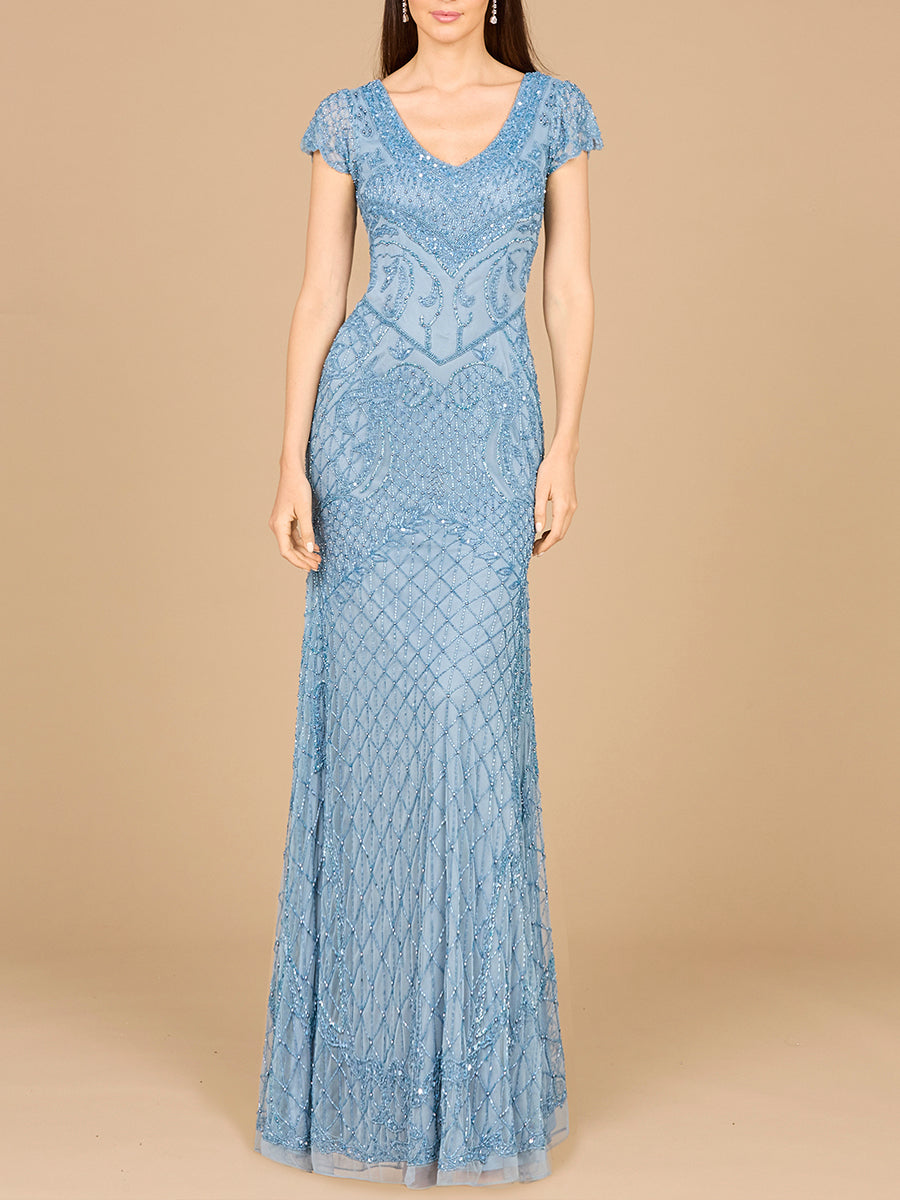 Beaded Cap Sleeve Gown With V-Neckline - OUTLET - JUSTLUXURY