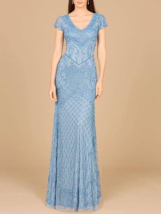 Beaded Cap Sleeve Gown With V-Neckline - OUTLET - JUSTLUXURY
