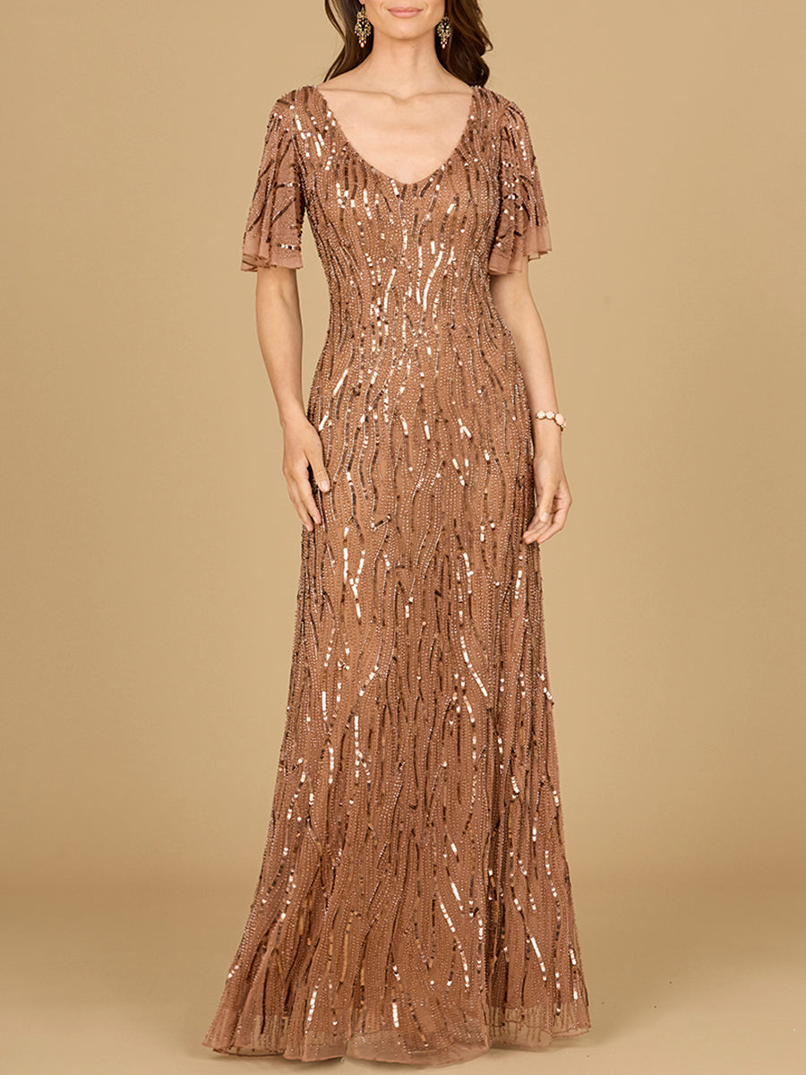 Beaded Gown With Cape Sleeves - JUSTLUXURY