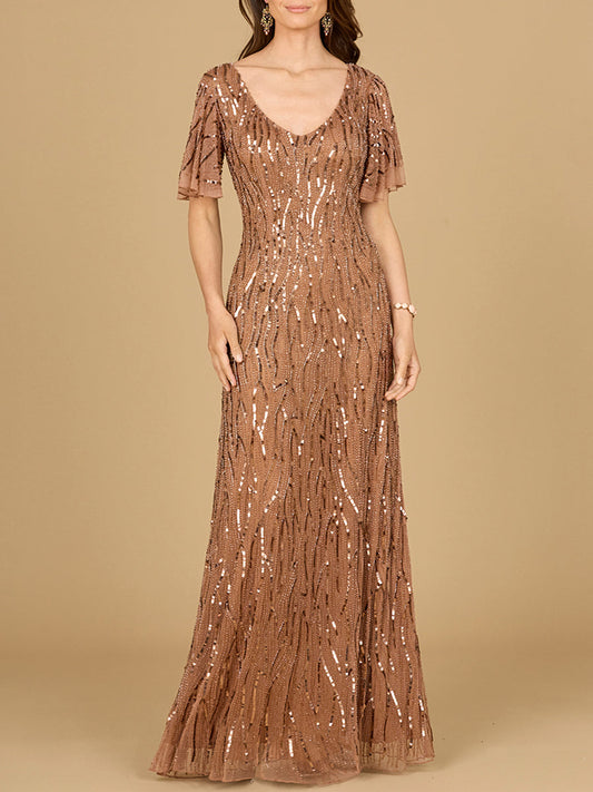 Beaded Gown With Cape Sleeves - JUSTLUXURY