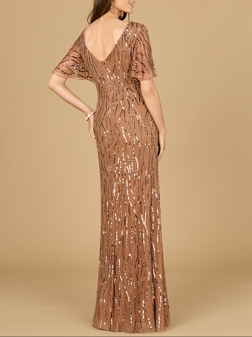 Beaded Gown With Cape Sleeves - JUSTLUXURY
