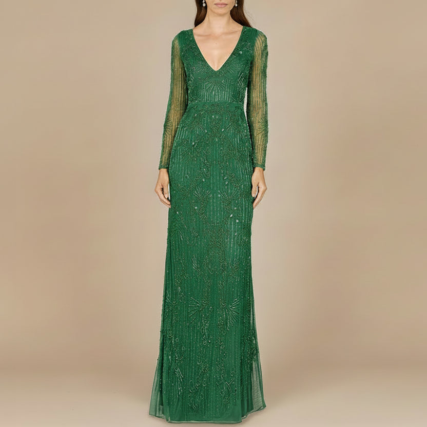 Elegant Long Sleeve Beaded Gown  - OUTLET - JUSTLUXURY