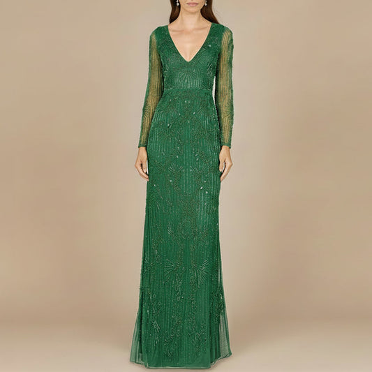 Elegant Long Sleeve Beaded Gown  - OUTLET - JUSTLUXURY