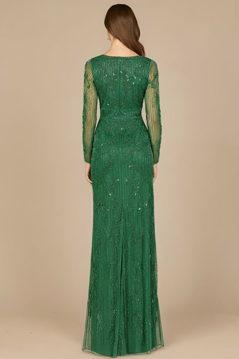 Elegant Long Sleeve Beaded Gown  - OUTLET - JUSTLUXURY