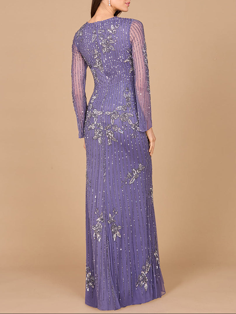 Long Sleeve, High Neck Beaded Gown - OUTLET - JUSTLUXURY