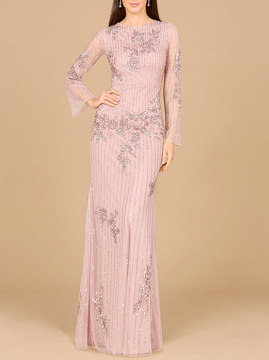 Long Sleeve, High Neck Beaded Gown - OUTLET - JUSTLUXURY