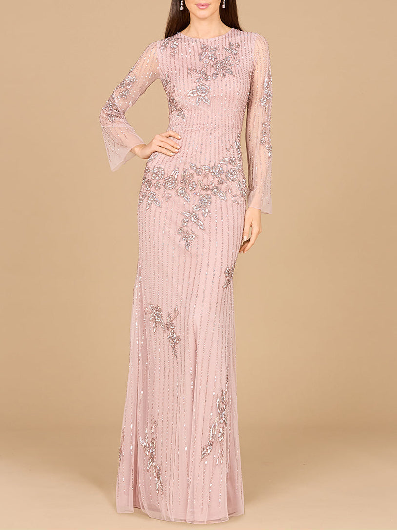Long Sleeve, High Neck Beaded Gown - OUTLET - JUSTLUXURY