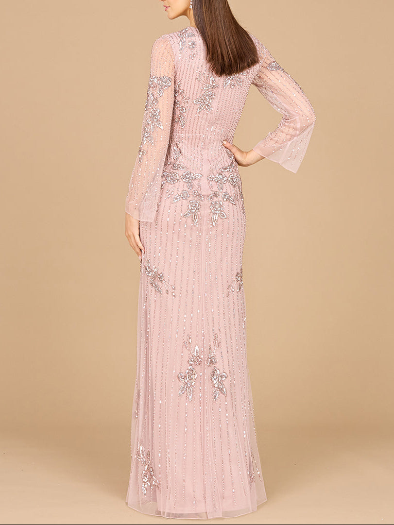 Long Sleeve, High Neck Beaded Gown - OUTLET - JUSTLUXURY