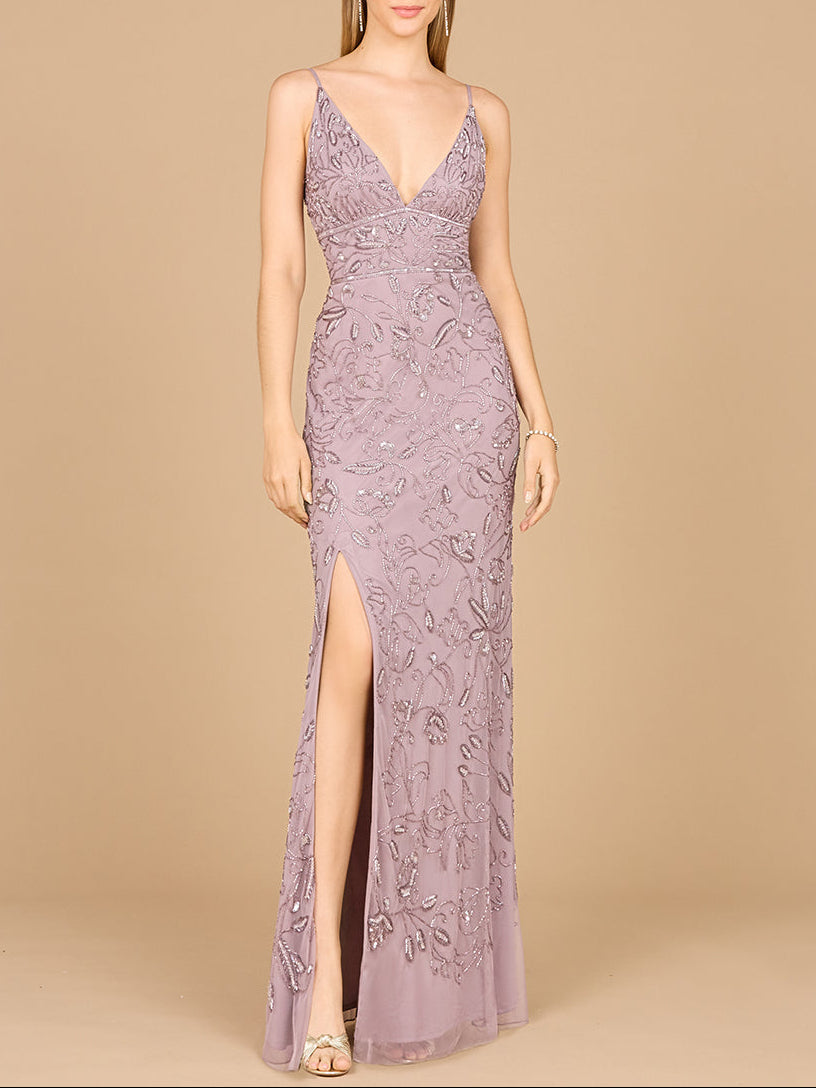 Embellished Gown with Slit And Spaghetti Straps  - OUTLET - JUSTLUXURY