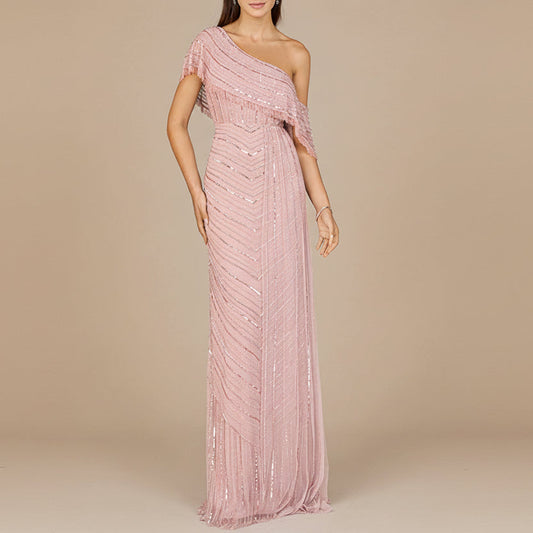Off Shoulder Sheath Beaded Gown - JUSTLUXURY