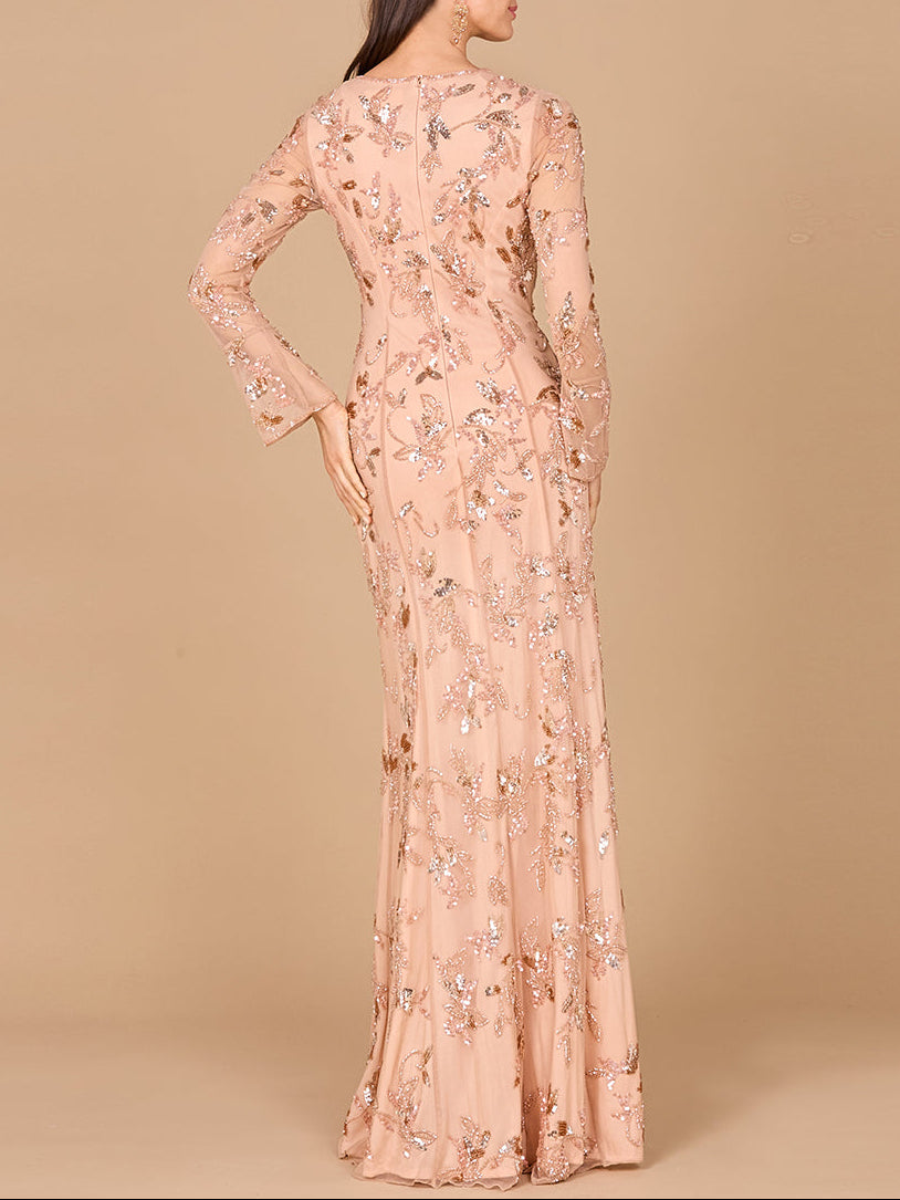 Beaded Dress with Sheer Long Sleeves - JUSTLUXURY