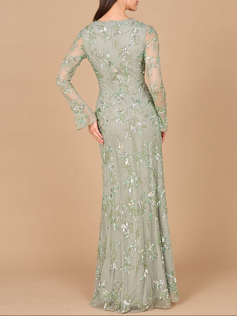 Beaded Dress with Sheer Long Sleeves - JUSTLUXURY