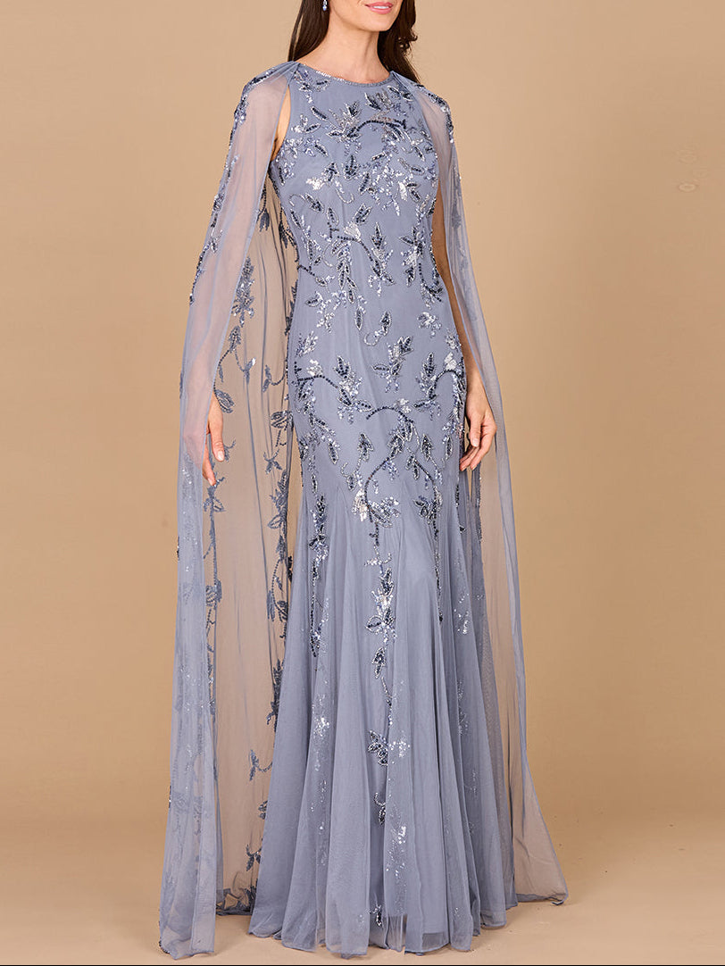 Mermaid Beaded Dress with Long Cape - OUTLET - JUSTLUXURY