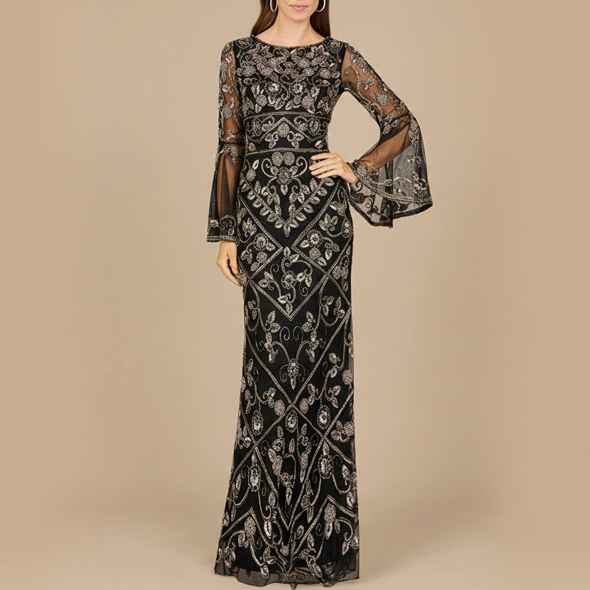 Bell Sleeved High Neck Beaded Gown - JUSTLUXURY