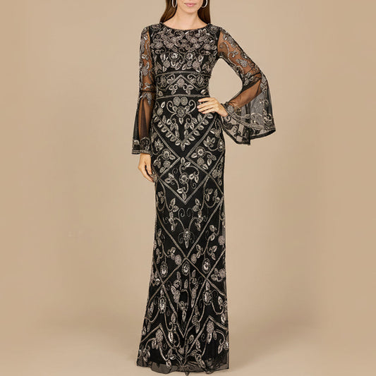 Bell Sleeved High Neck Beaded Gown - JUSTLUXURY