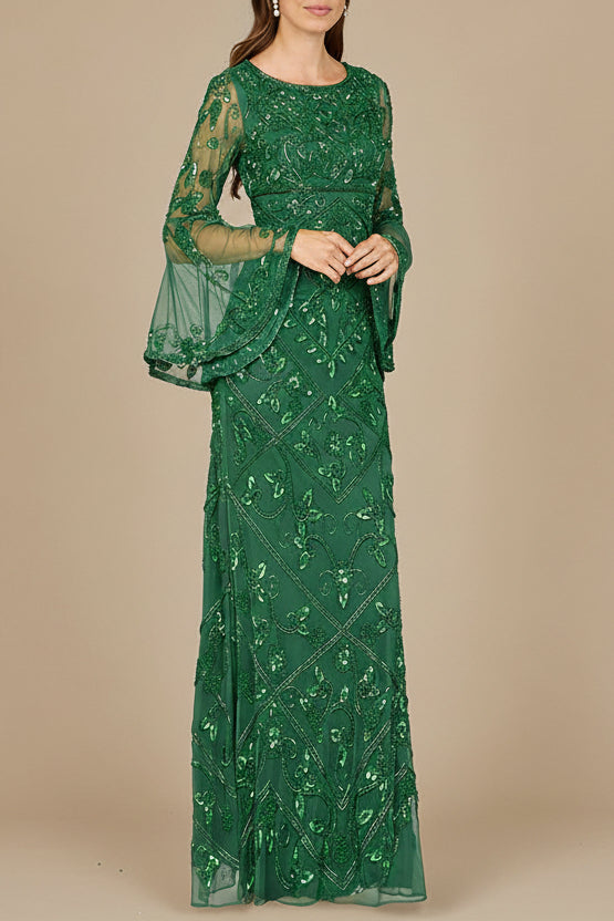 Bell Sleeved High Neck Beaded Gown - JUSTLUXURY
