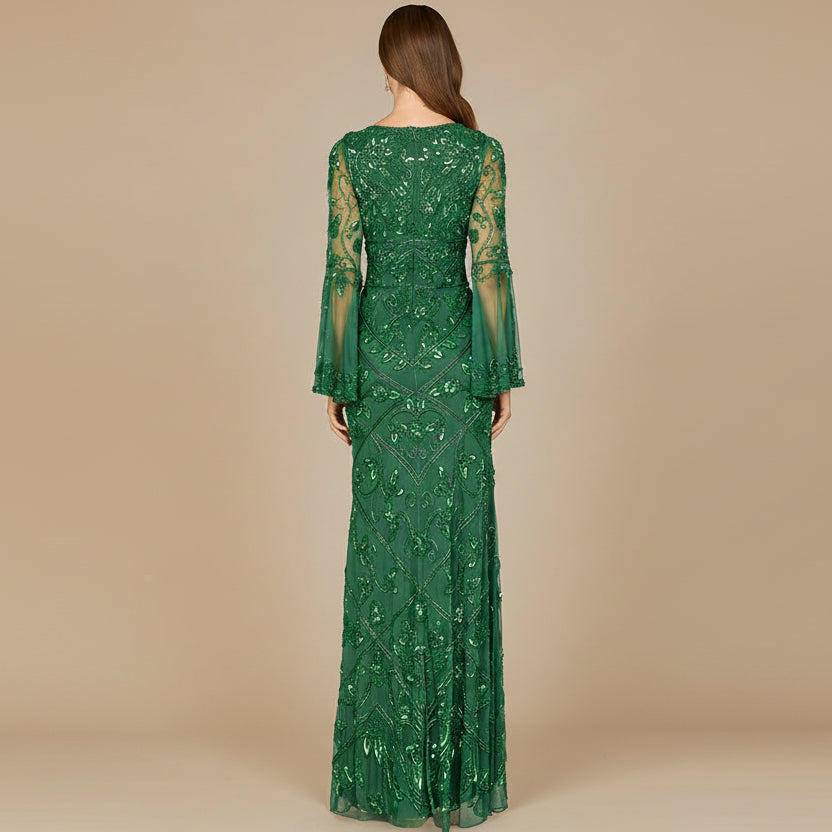 Bell Sleeved High Neck Beaded Gown - JUSTLUXURY