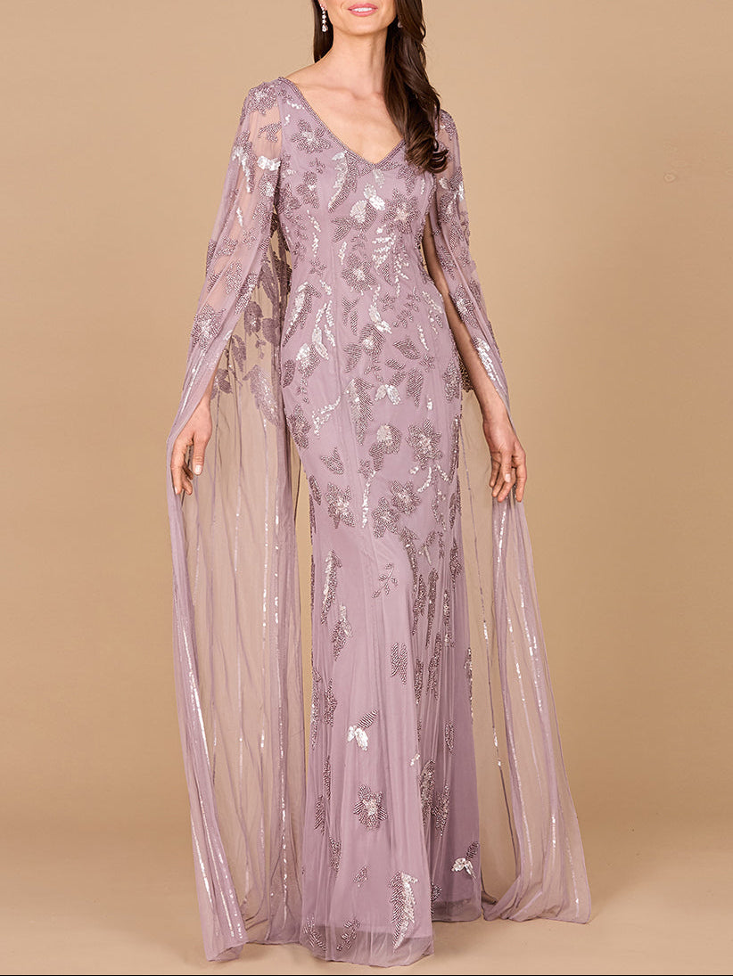 Beaded Sheath Dress with Long Cape - JUSTLUXURY