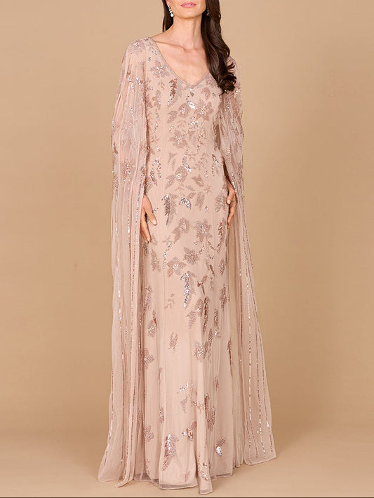 Beaded Sheath Dress with Long Cape - JUSTLUXURY