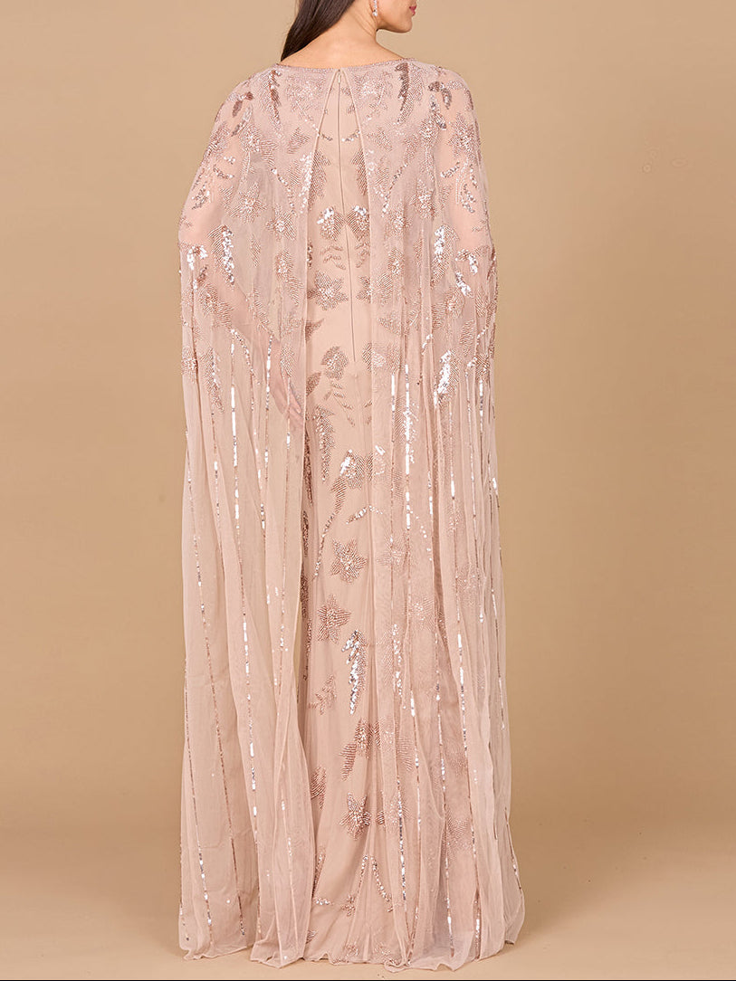 Beaded Sheath Dress with Long Cape - JUSTLUXURY