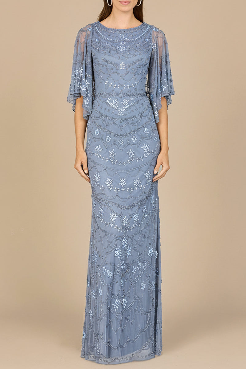 High Neck, Cape Sleeve Beaded Gown  - OUTLET - JUSTLUXURY