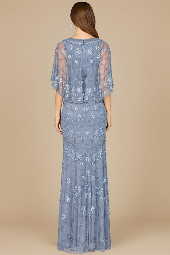 High Neck, Cape Sleeve Beaded Gown  - OUTLET - JUSTLUXURY