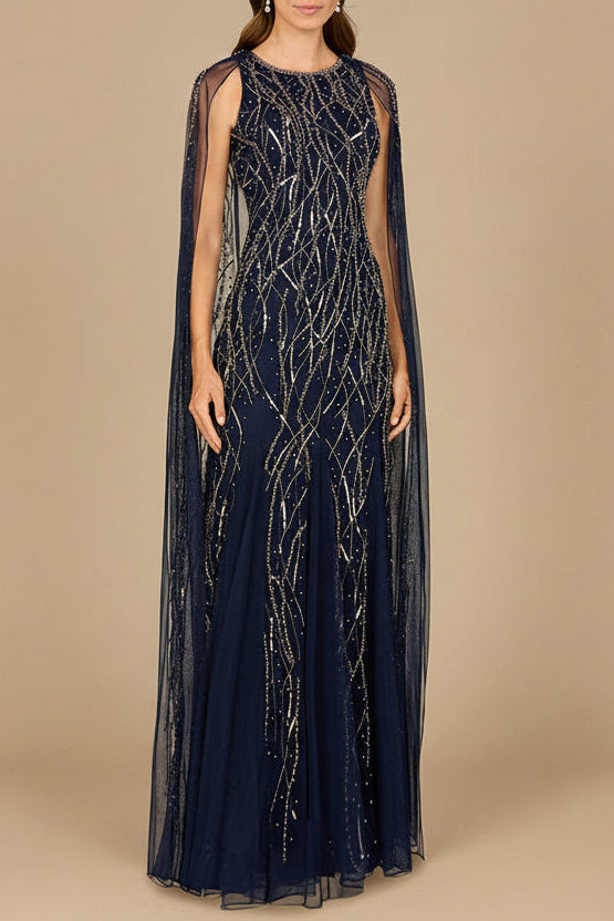 Elegant Beaded Dress with Long Cape - JUSTLUXURY