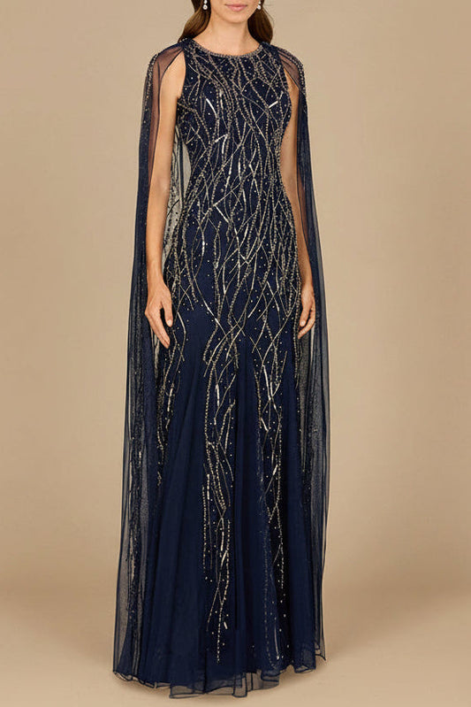 Elegant Beaded Dress with Long Cape - JUSTLUXURY