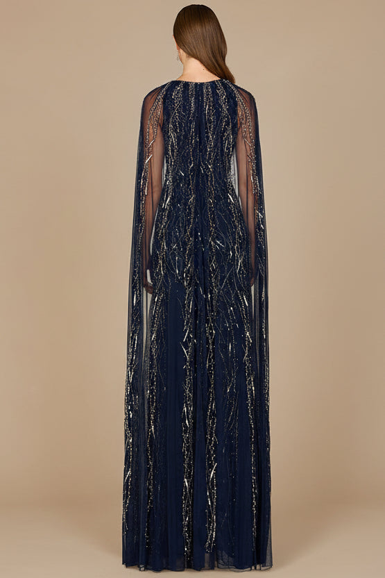 Elegant Beaded Dress with Long Cape - JUSTLUXURY