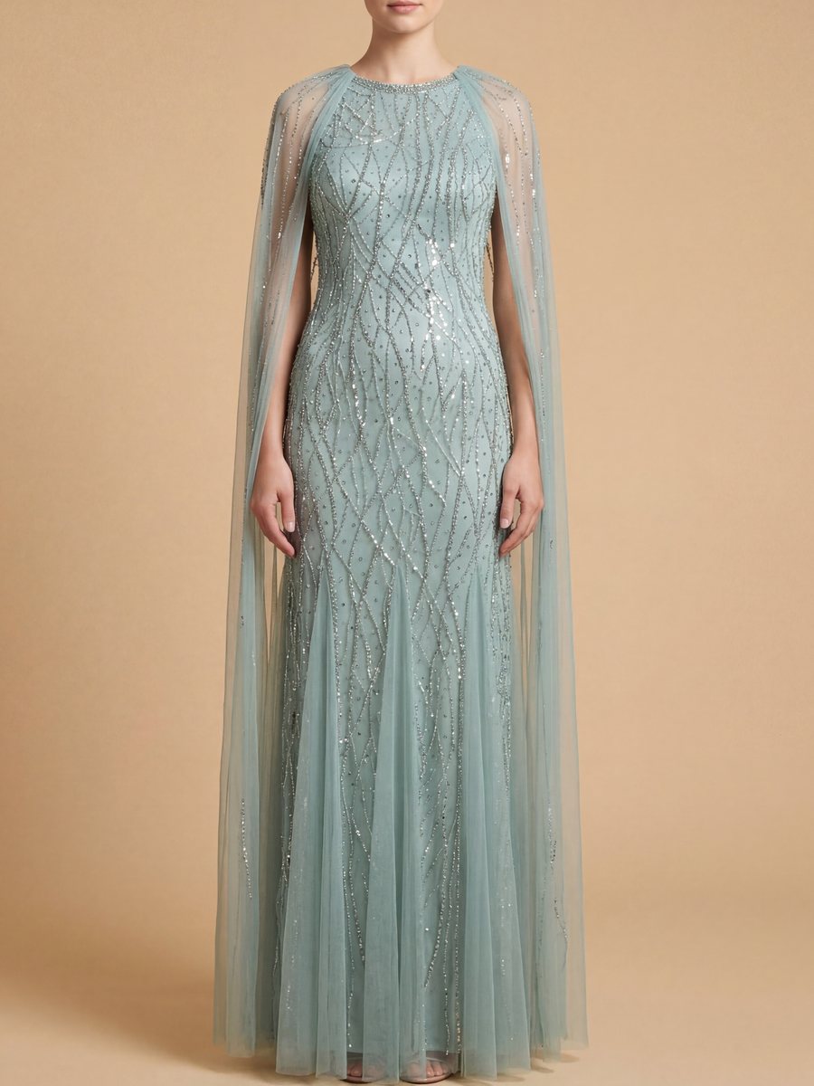 Elegant Beaded Dress with Long Cape - JUSTLUXURY