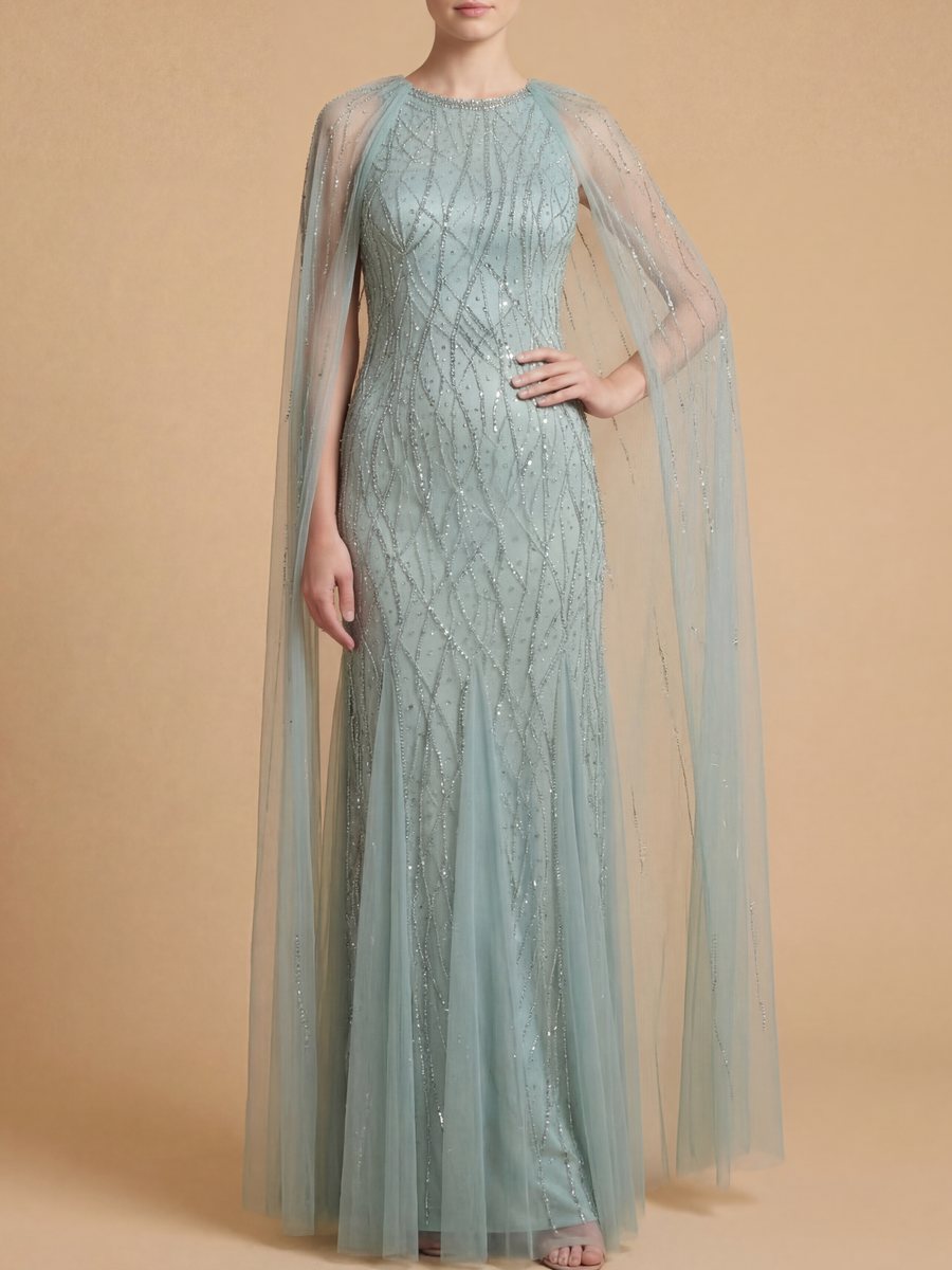 Elegant Beaded Dress with Long Cape - JUSTLUXURY