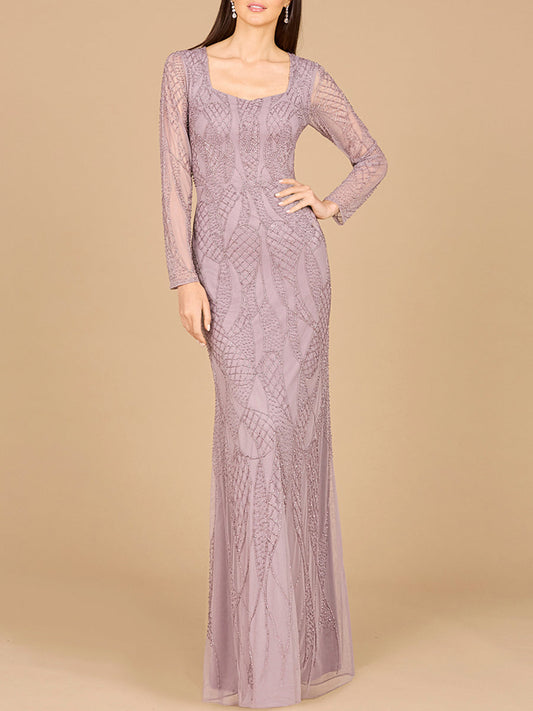 V Neck Beaded Long Sleeve Dress - JUSTLUXURY
