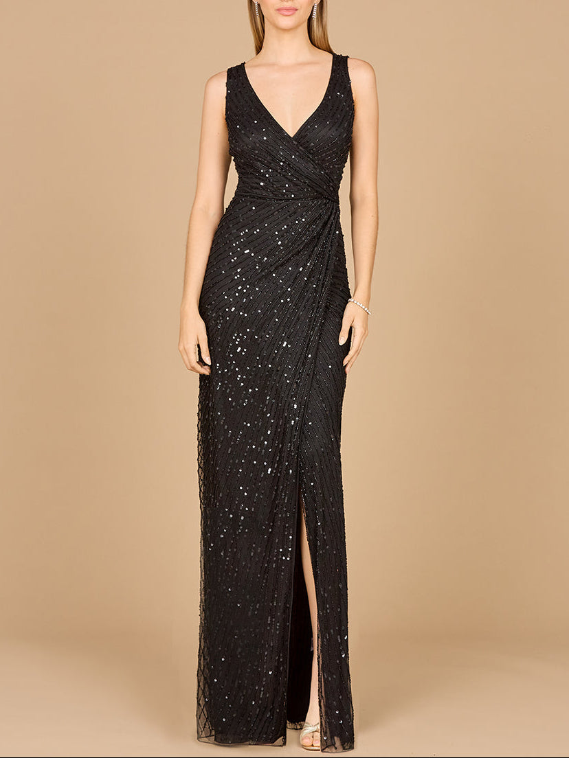 Beaded Black Gown with Slit - JUSTLUXURY