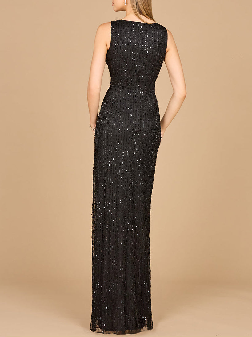 Beaded Black Gown with Slit - JUSTLUXURY