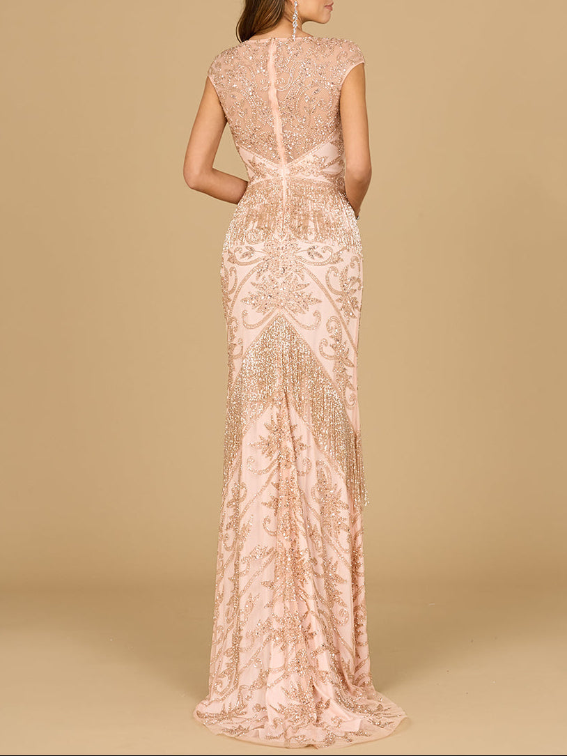 Cap Sleeve Beaded Gown with Fringe | 29098 - JUSTLUXURY