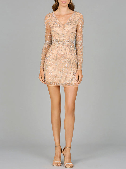 Long Sleeve V-Neck Cocktail Dress - JUSTLUXURY