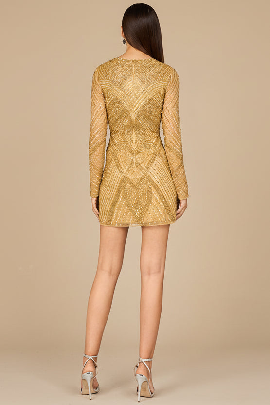 Long Sleeve Beaded Cocktail Dress - JUSTLUXURY