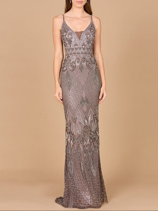 Sleeveless V-Neck Beaded Dress - JUSTLUXURY