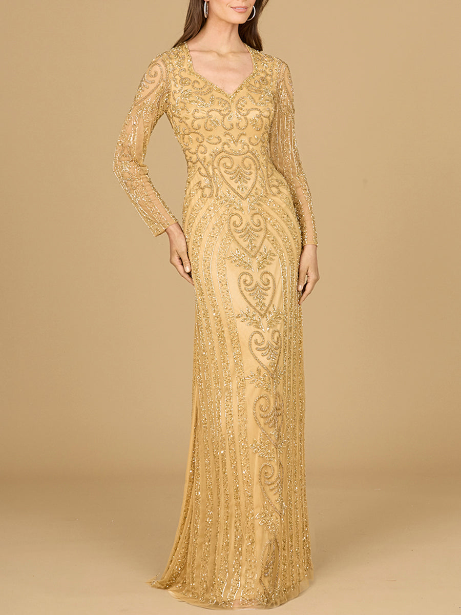 V Neck Beaded Long Sleeve Dress - JUSTLUXURY