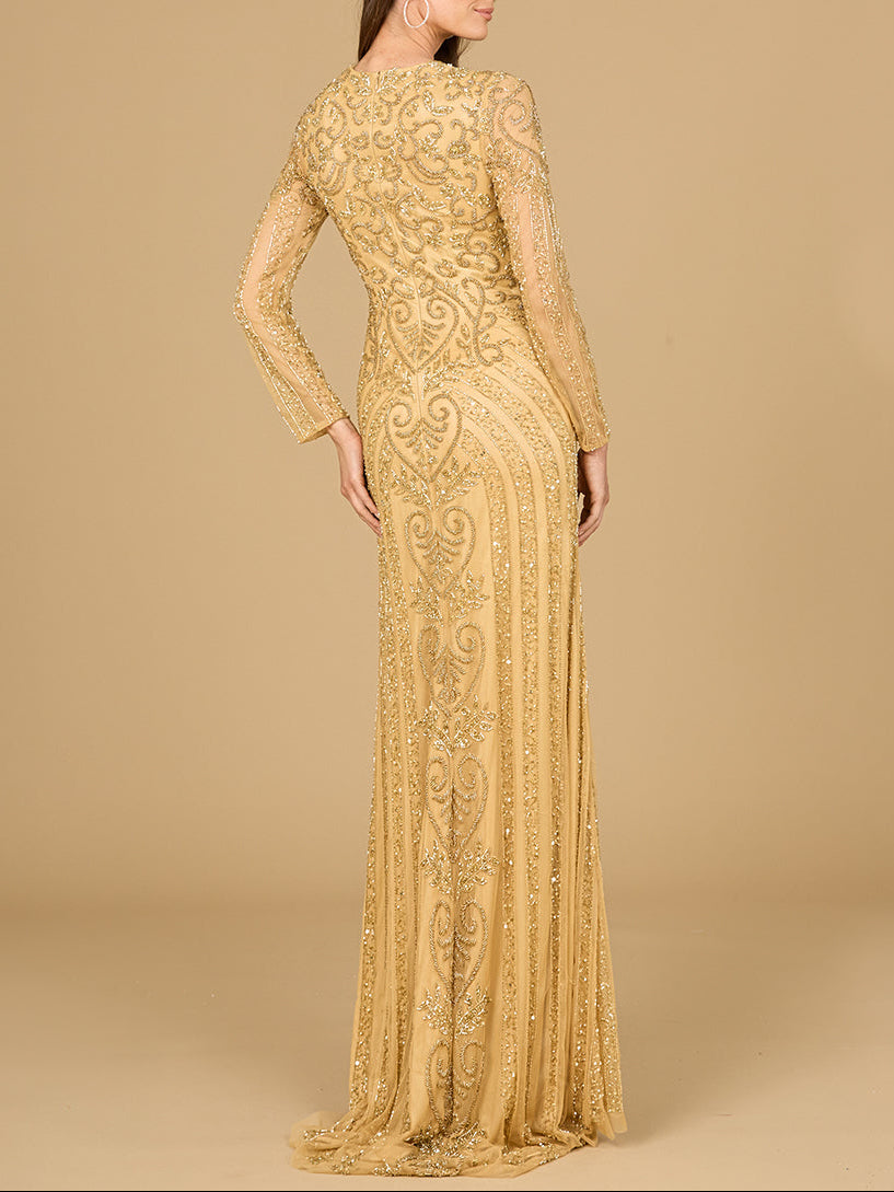 V Neck Beaded Long Sleeve Dress - JUSTLUXURY
