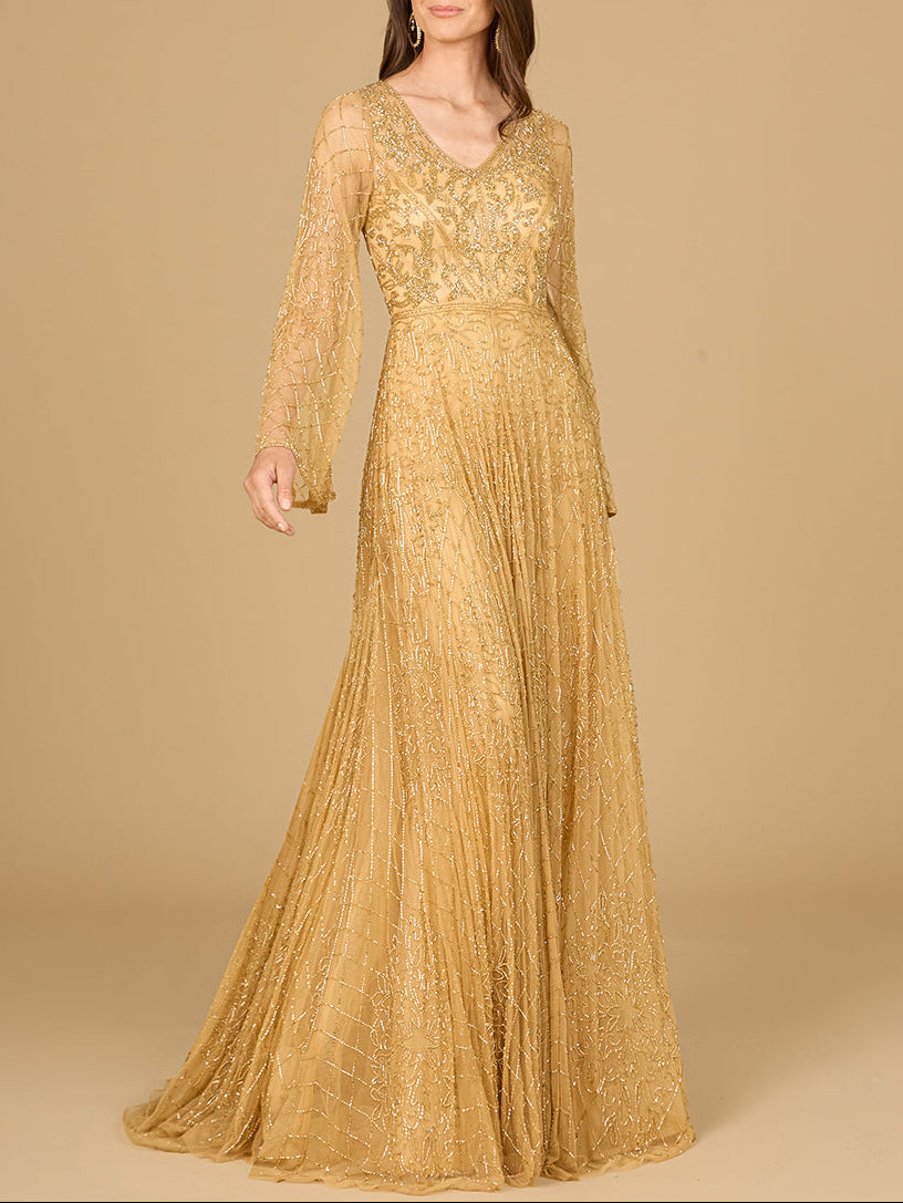 Beaded Long Dress with Flare Sleeves - JUSTLUXURY