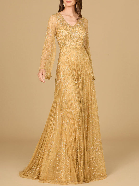 Beaded Long Dress with Flare Sleeves - JUSTLUXURY