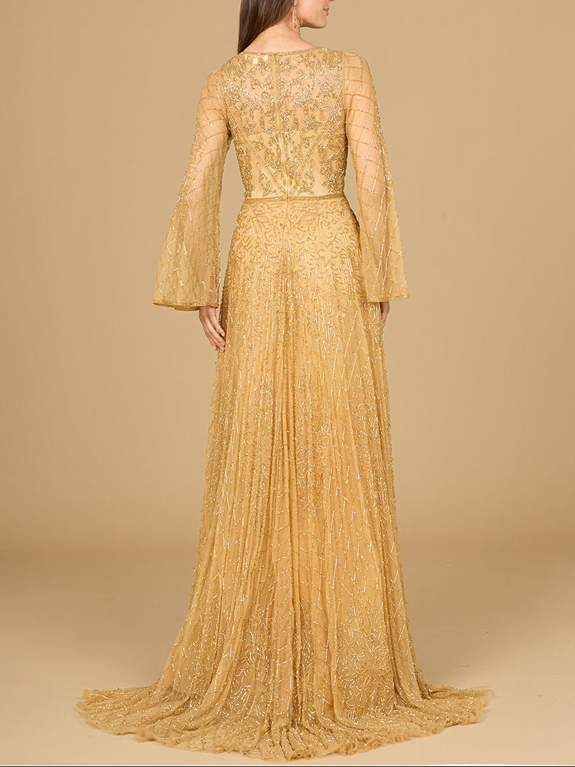 Beaded Long Dress with Flare Sleeves - JUSTLUXURY