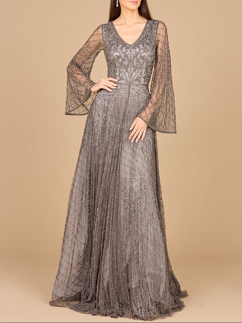 Beaded Long Dress with Flare Sleeves - JUSTLUXURY