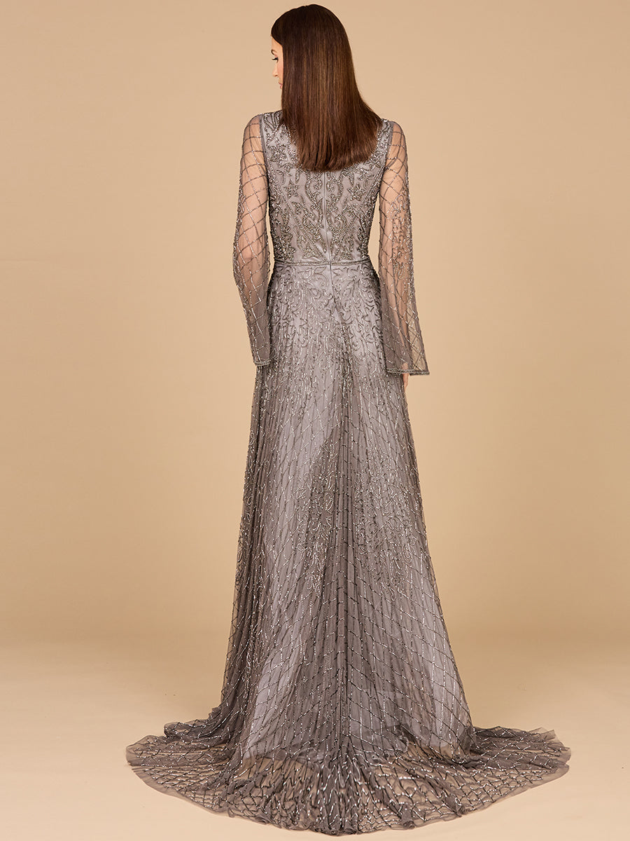 Beaded Long Dress with Flare Sleeves - JUSTLUXURY